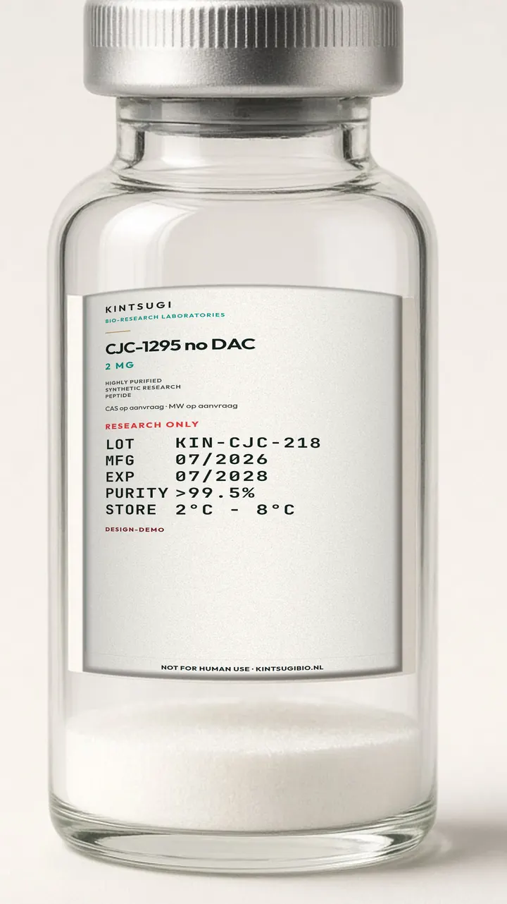 3 ml crimp-vial met het Ocean Teal etiket op het glas. CJC-1295 no DAC, 2 mg, LOT KIN-CJC-218, MFG 07/2026, EXP 07/2028. Research only, not for human use.