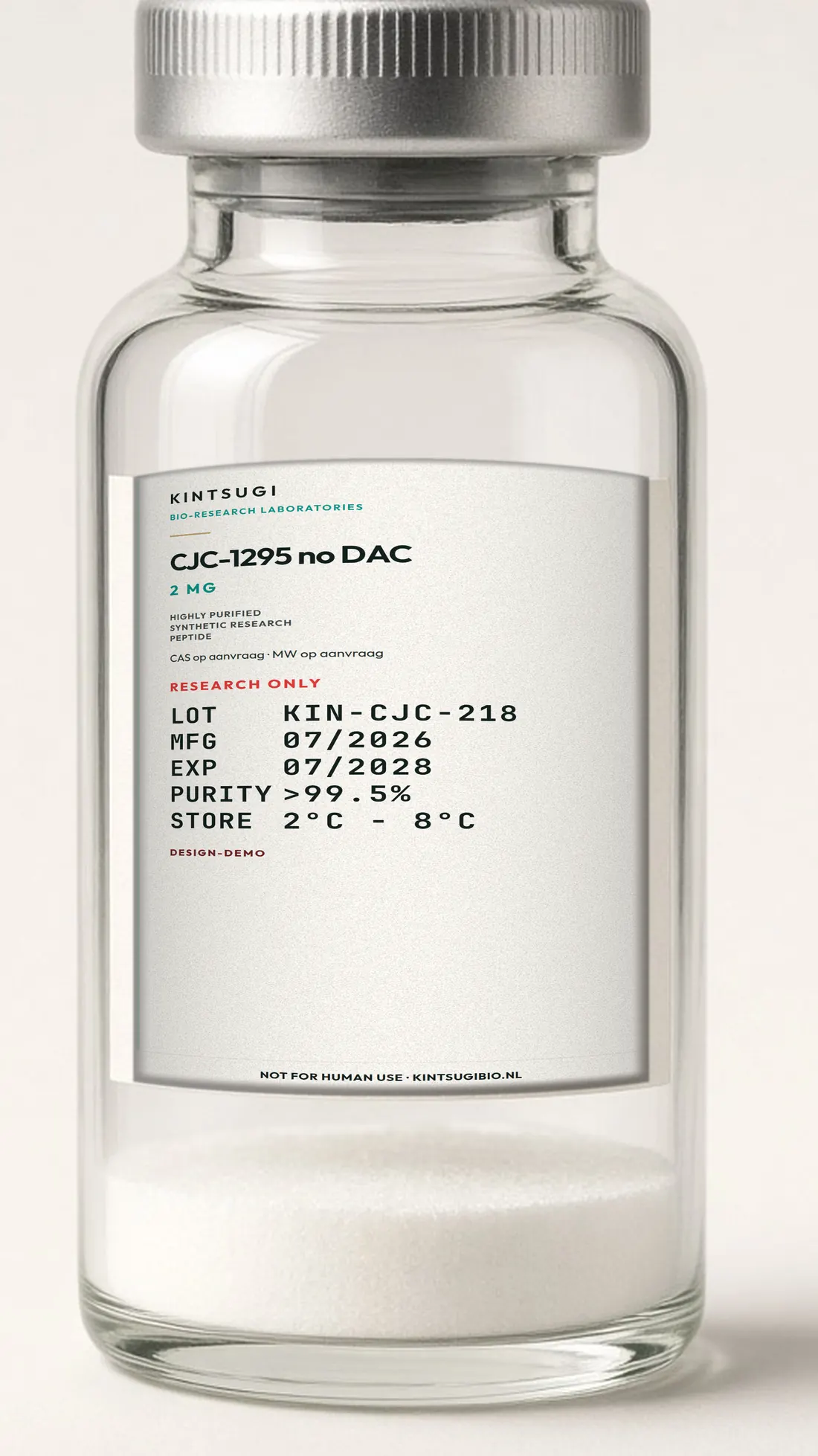 3 ml crimp-vial met het Ocean Teal etiket op het glas. CJC-1295 no DAC, 2 mg, LOT KIN-CJC-218, MFG 07/2026, EXP 07/2028. Research only, not for human use.