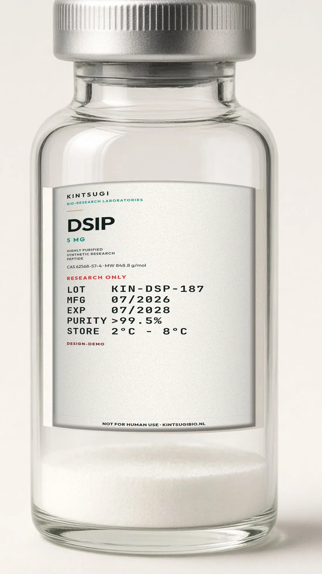 3 ml crimp-vial met het Ocean Teal etiket op het glas. DSIP, 5 mg, LOT KIN-DSP-187, MFG 07/2026, EXP 07/2028. Research only, not for human use.