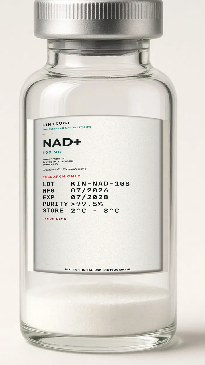 3 ml crimp-vial met het Ocean Teal etiket op het glas. NAD+, 500 mg, LOT KIN-NAD-108, MFG 07/2026, EXP 07/2028. Research only, not for human use.