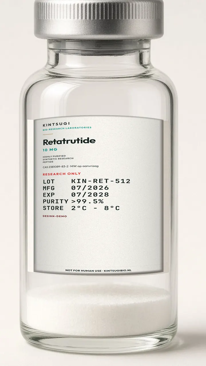 3 ml crimp-vial met het Ocean Teal etiket op het glas. Retatrutide, 10 mg, LOT KIN-RET-512, MFG 07/2026, EXP 07/2028. Research only, not for human use.