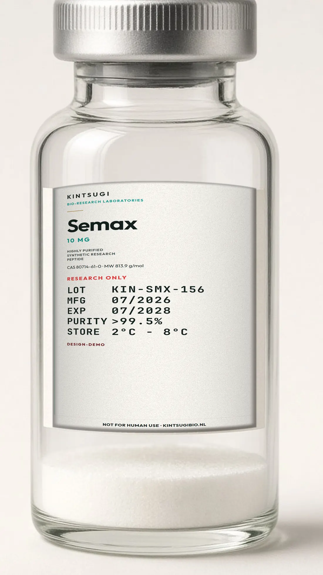 3 ml crimp-vial met het Ocean Teal etiket op het glas. Semax, 10 mg, LOT KIN-SMX-156, MFG 07/2026, EXP 07/2028. Research only, not for human use.