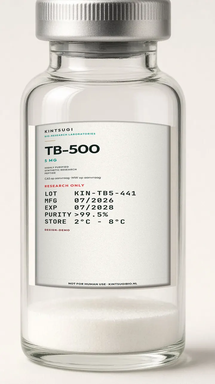 3 ml crimp-vial met het Ocean Teal etiket op het glas. TB-500, 5 mg, LOT KIN-TB5-441, MFG 07/2026, EXP 07/2028. Research only, not for human use.